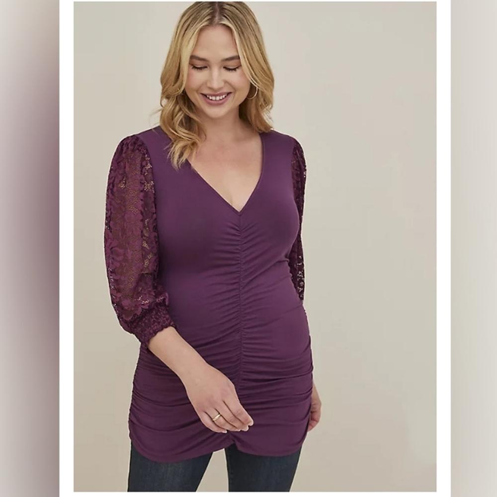 TORRID Lace V-Neck Rouched Front Long Sleeve Top